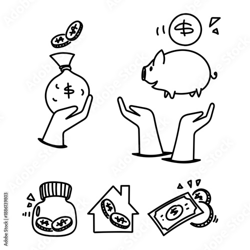 hand drawn doodle icon set saving money in the piggy bank jar bag and house illustration