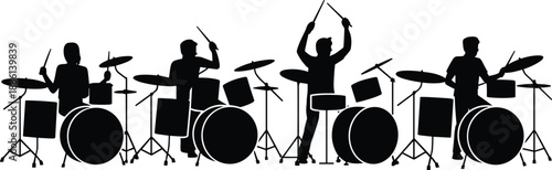 Silhouette of multiple drummers playing drum kits on stage, music band performance concept, percussion rhythm, concert rehearsal, isolated black figures illustration graphic