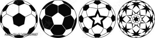Collection of soccer ball vector silhouettes with classic pentagon patterns and modern star designs for sports tournament branding