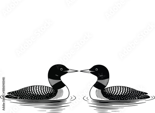 Symmetrical Loons Black and White Illustration Detailed Feather Pattern