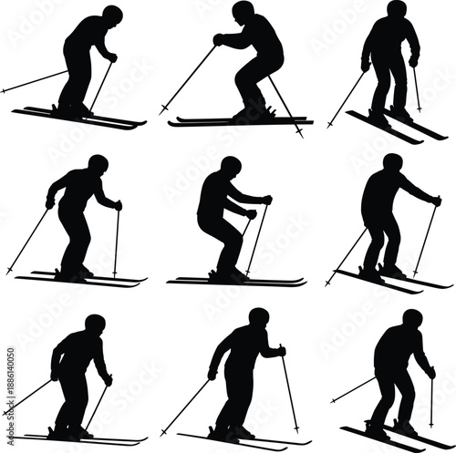 Silhouette sequence of skier performing downhill skiing movements with poles, showcasing winter sports technique, alpine action poses, and dynamic skiing motion on white background
