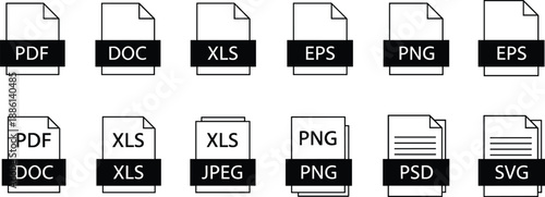 Collection of file format type icons including PDF DOC XLS EPS PNG and SVG for digital document management and downloads