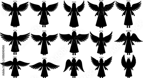 Angel silhouette collection featuring winged heavenly figures with halos isolated on white background black vector illustration spiritual religious guardian angel 