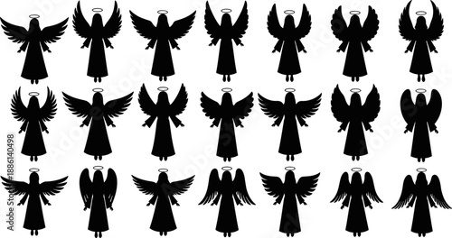 Angel silhouette mega collection featuring winged heavenly figures with halos in multiple poses isolated on white background black vector illustration spiritual religious icons set