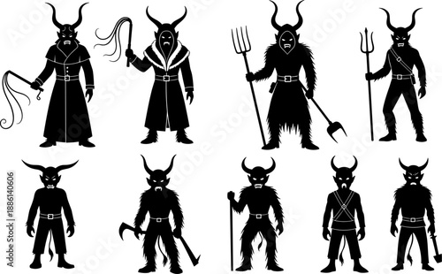 Demonic monster silhouette collection featuring horned devils with weapons and dark costumes isolated on white background black vector illustration fantasy horror character set