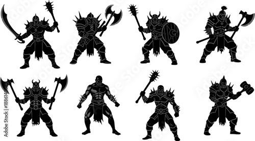Fantasy warrior silhouettes collection featuring barbarian fighters with axes maces swords and shields isolated on white background black vector illustration medieval combat characters