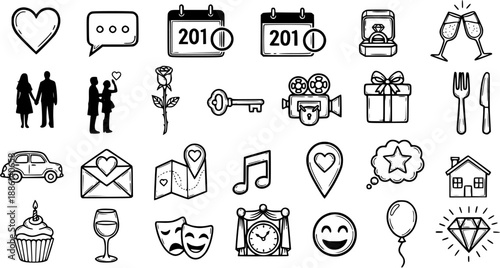 Love, Romance, Dating  Celebration Lifestyle Events Doodle Icons Set. Hand Drawn Outline Symbols for Relationships, Anniversaries, and Special Occasions.