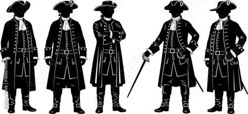 Historical gentleman silhouette collection featuring colonial era men in tricorn hats and long coats isolated on white background black vector illustration vintage costume characters
