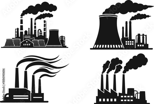 Industrial factory silhouette collection featuring smokestacks power plants and pollution scenes isolated on white background black vector illustration energy industry environmental impact icons