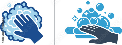 Two vector icons illustrating thorough handwashing and surface cleaning with soap suds and bubbles in blue and navy tones, emphasizing hygiene, disinfection, and health safety.