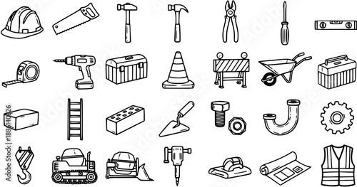 Industrial Construction Equipment and Hand Tools Black and White Line Art Doodle Vector Icon Collection