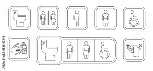 Toilet icon set collection in outline style. Icon pack contain Toilet, Unisex toilet,  Men toilet, Women toilet, Disabled toilet, Hand wash, Restroom sign, Toilet paper, 