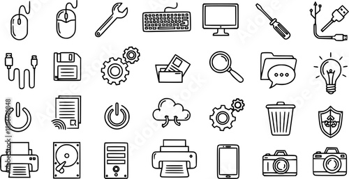 Black and White Line Art Technology Icons Set. Collection of Computing, Digital Devices, Software, and IT Concepts Outline Symbols for Web and App Design.