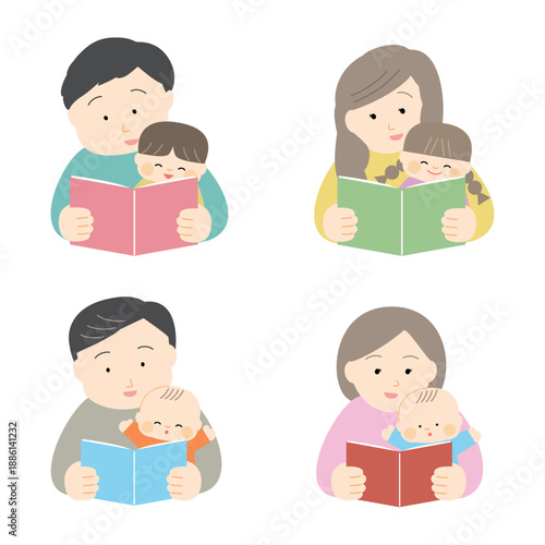 読み聞かせをする親子のイラストセット