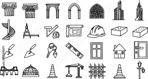 Construction and Architecture Line Art Icons Set: Building, Engineering, and Urban Planning Outline Symbols for Design Projects.