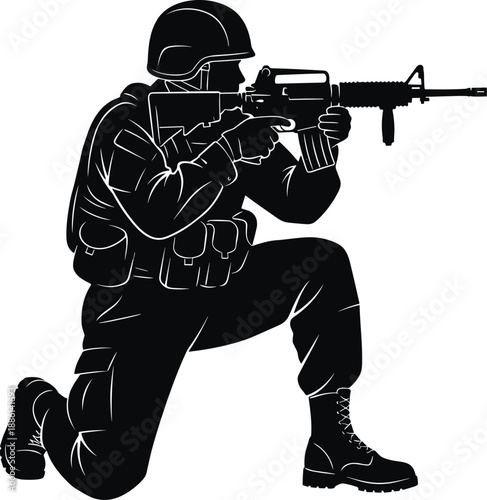 Armed soldier silhouette kneeling and aiming rifle, military tactical combat pose isolated on white background representing defense, security forces, modern warfare readiness