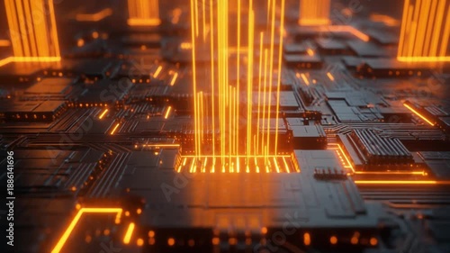 Dark circuit board with glowing orange light streams emanating from a central chip