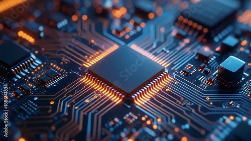 Close-up of a computer motherboard with a central glowing orange CPU and intricate circuits