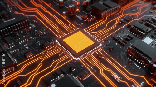 Detailed computer circuit board with a bright orange glowing central processor and pathways