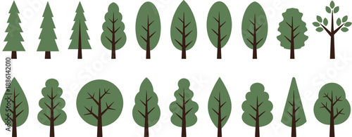 Flat tree icon collection with various deciduous and evergreen shapes, minimalist vector forest elements isolated on white background for nature design, ecology concepts, and landscape projects