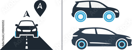 Modern flat vector icons representing car navigation and smart mobility, featuring a vehicle on a road with a GPS pin and side-view car silhouettes with glowing blue wheels.