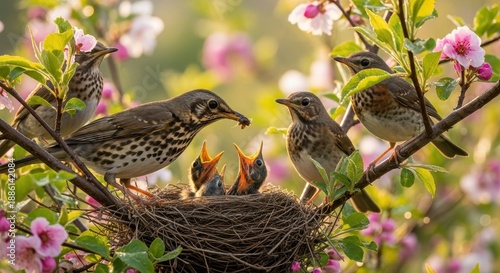 Wallpaper Mural A family of song thrushes feeding their young in the nest. Torontodigital.ca