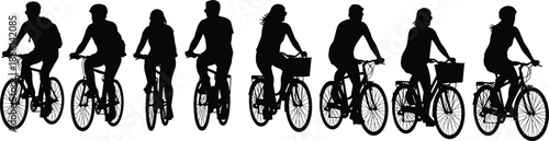 Group of male and female cyclists riding bicycles in a row, black silhouettes isolated on white background representing urban cycling, teamwork, fitness, and eco transport