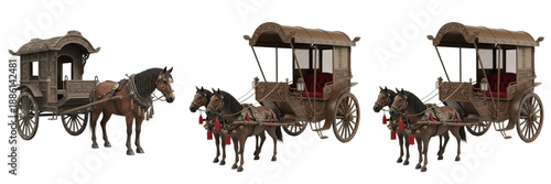Set of ancient wooden horse carriages, realistic 3D illustration of traditional horse-drawn wagons and royal coaches isolated on white background.