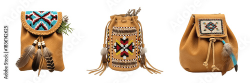 Obraz na plátně Set of traditional Native American leather medicine bags with tribal beadwork and feathers isolated on white background