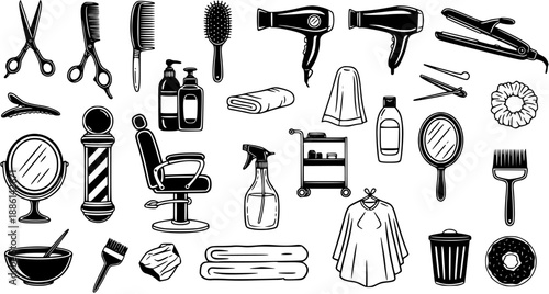 Black and White Line Art Icons for Hair Salon and Barber Shop: Scissors, Dryer, Chair, Comb