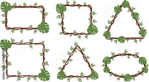 Hand drawn wooden vine frames with green leaves vector set for natural border design