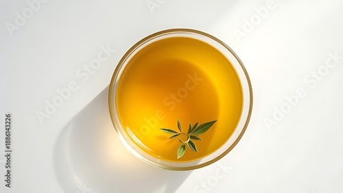 probity. A single bowl of golden consomme with a delicate herb leaf, minimalist and pure. menu design, packaging mockups, designed for food delivery and cloud-kitchen brand materials.