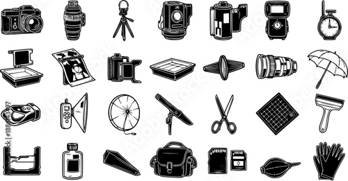 Black and White Line Art Icons of Photography Equipment and Accessories