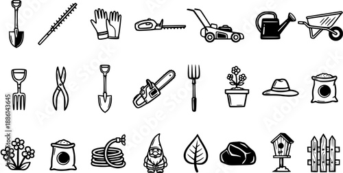 Black and White Line Art Icons of Gardening Tools and Objects, Agriculture and Horticulture