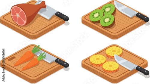 Kitchen cutting board vector set with knife and food ingredients meat vegetables fruits flat illustration isolated on white