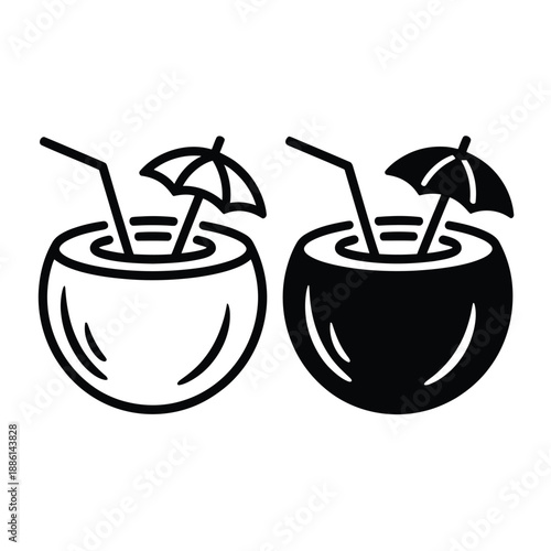 Set of coconut drink water with straw tropical refreshment fruit