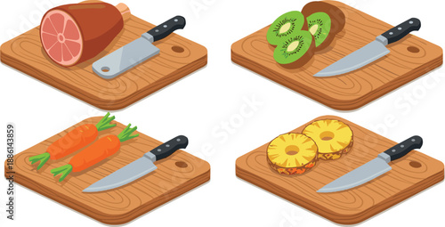 Kitchen cutting board vector set with knife meat carrots kiwi pineapple food preparation flat illustration isolated collection