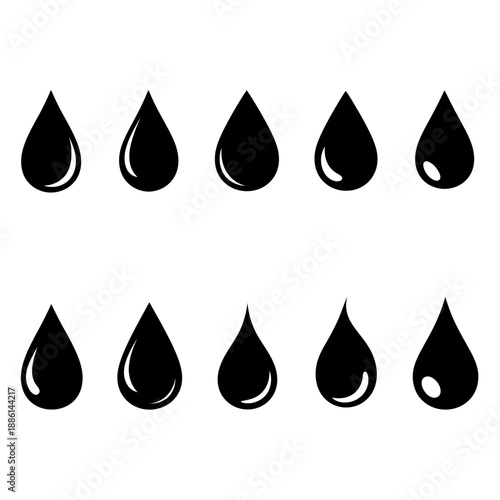 Black water droplets in various shapes and sizes a simple graphic