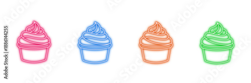 Neon glowing cupcake vector icons set, desserts, sweets, vivid colorful digital design, glowing outline on transparent background.