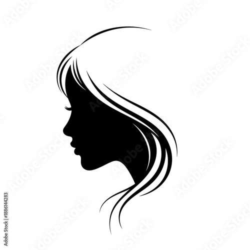 Elegant woman s profile silhouette showcasing long flowing hair in black and white