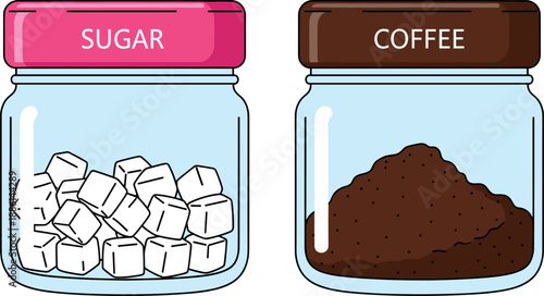 Kitchen glass storage jars vector illustration containing white sugar cubes and ground coffee powder for pantry organization.