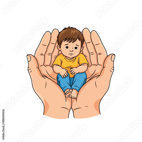 A baby safely cradled within protective hands symbolizing care and security