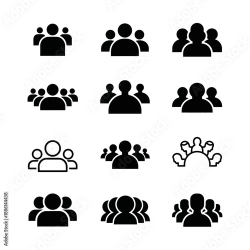 Collection of simple black people icons depicting groups and individuals