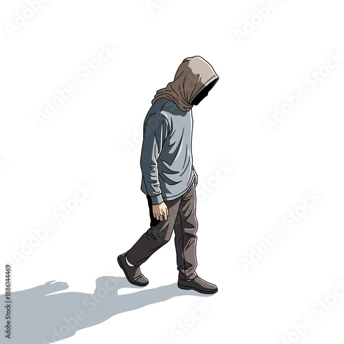 A solitary figure walking with a hooded garment casting a long shadow