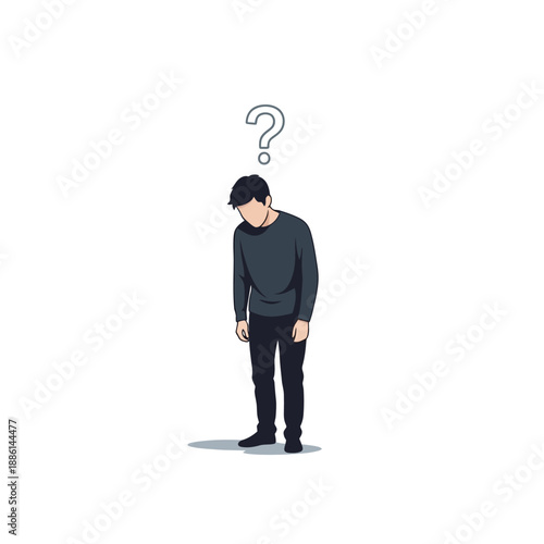 A man with his head replaced by a question mark pondering deeply