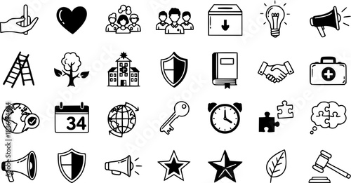 Versatile Black and White Line Art Glyph Icon Set: Business, Communication, Social, and Public Service Concepts