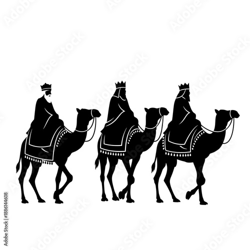 Three kings riding camels in a simple black and white illustration
