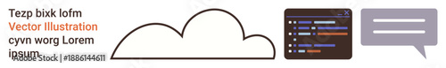Cloud technology, programming, digital communication, data storage, web development, messaging interfaces. Cloud, code panel and speech bubble illustration. Cloud technology and programming visuals