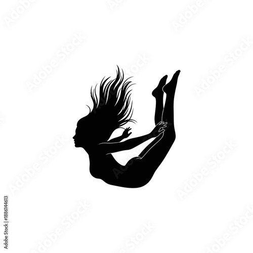 Silhouette of a woman falling or floating with flowing hair and limbs extended