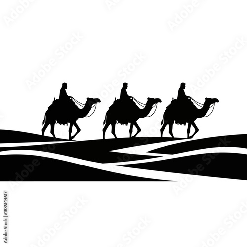Silhouette of three camels walking across a desert landscape with wavy lines